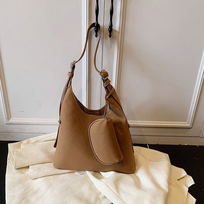 Set: Faux Suede Shoulder Bag + Pouch