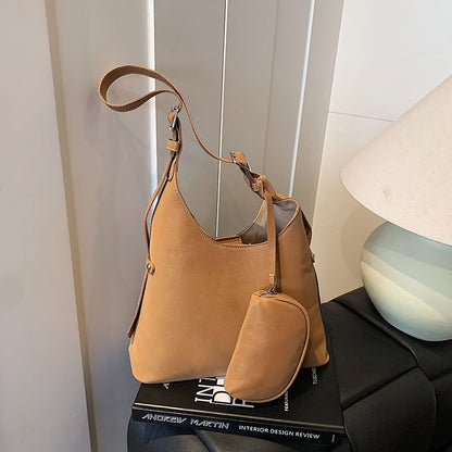Set: Faux Suede Shoulder Bag + Pouch