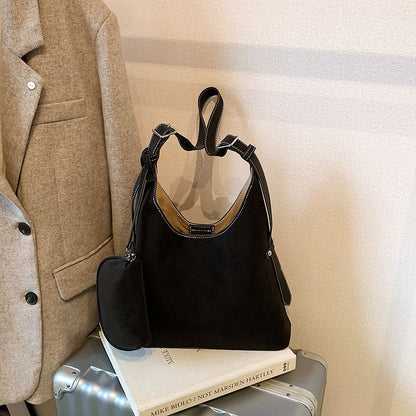 Set: Faux Suede Shoulder Bag + Pouch