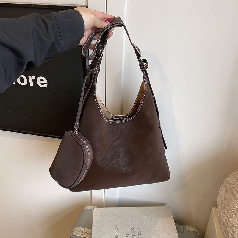 Set: Faux Suede Shoulder Bag + Pouch