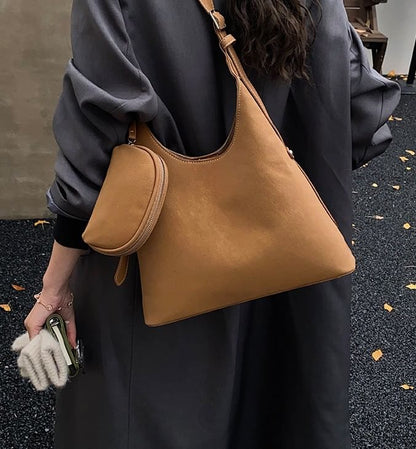 Set: Faux Suede Shoulder Bag + Pouch
