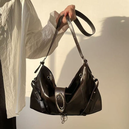 Faux Leather Buckled Grommet Shoulder Bag