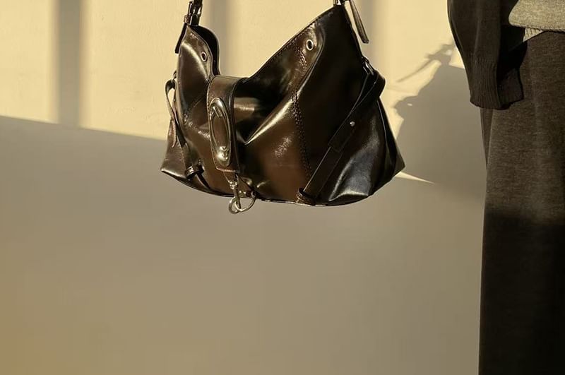 Faux Leather Buckled Grommet Shoulder Bag