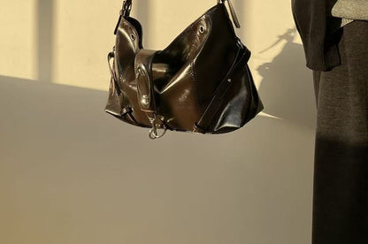 Faux Leather Buckled Grommet Shoulder Bag