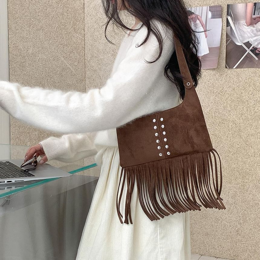 Studded Fringe Faux Suede Shoulder Bag