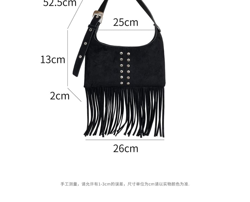 Studded Fringe Faux Suede Shoulder Bag