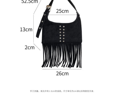 Studded Fringe Faux Suede Shoulder Bag