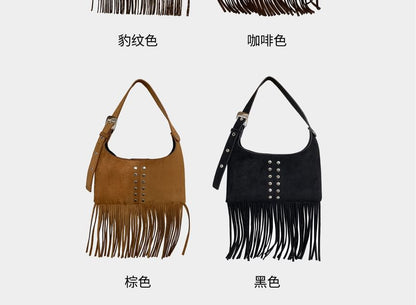 Studded Fringe Faux Suede Shoulder Bag