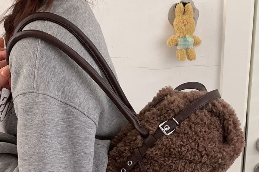 Faux Shearling Belted Shoulder Bag