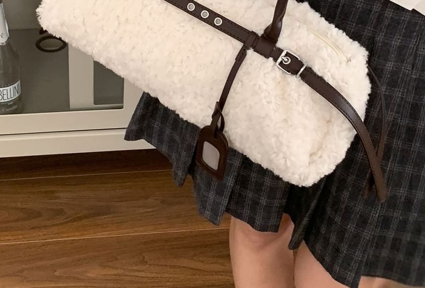 Faux Shearling Belted Shoulder Bag
