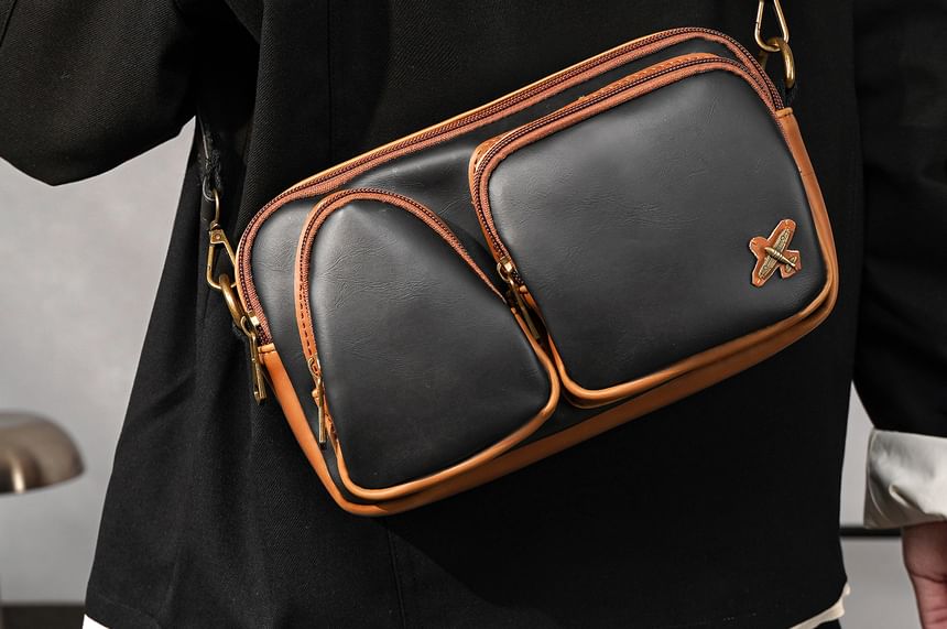 Faux Leather Contrast Piping Crossbody Bag