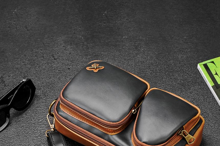 Faux Leather Contrast Piping Crossbody Bag