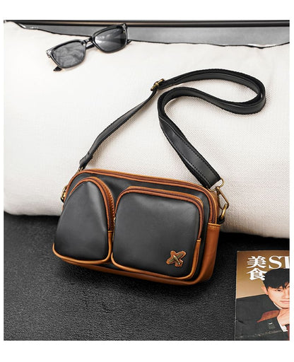 Faux Leather Contrast Piping Crossbody Bag