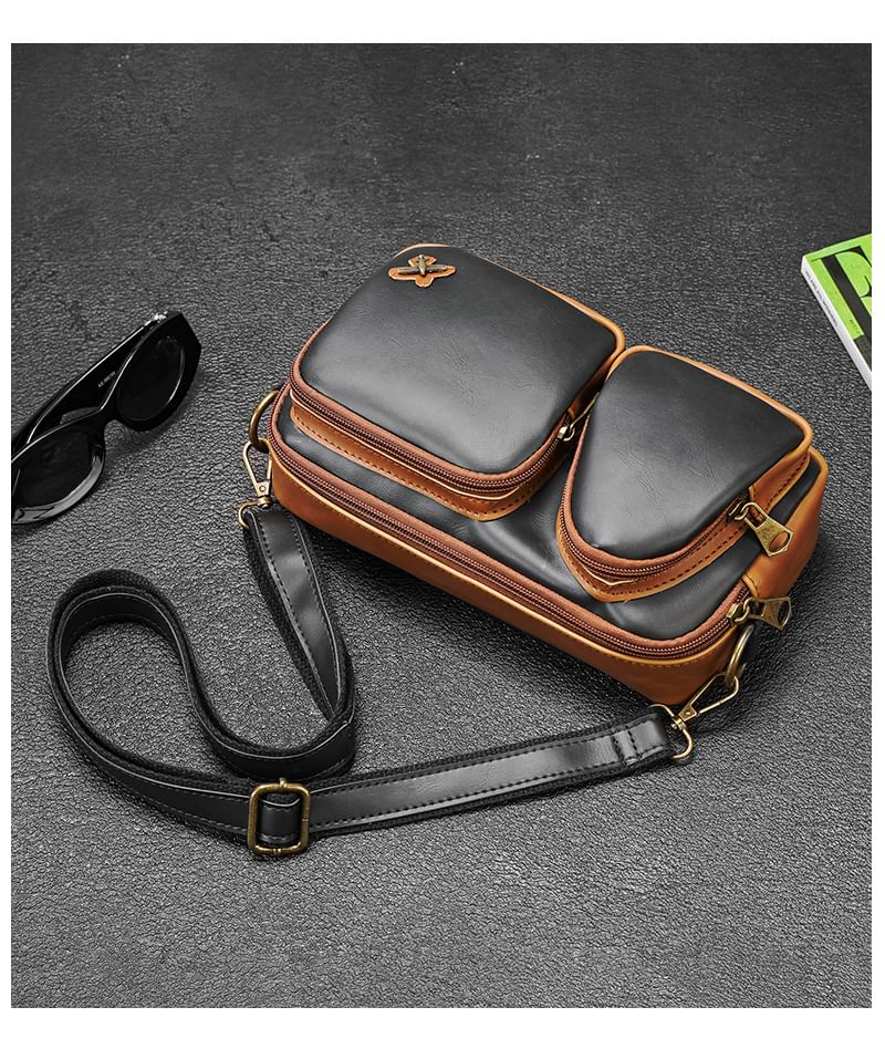 Faux Leather Contrast Piping Crossbody Bag