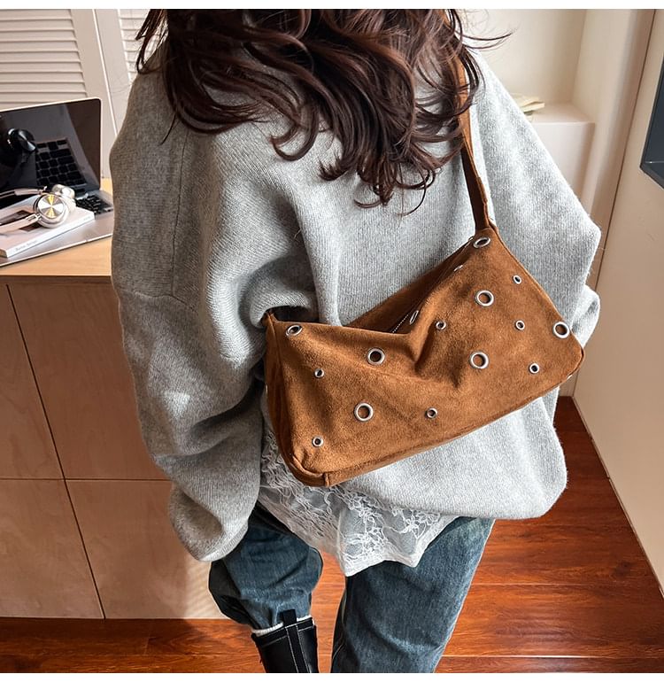 Grommet Faux Suede Shoulder Bag