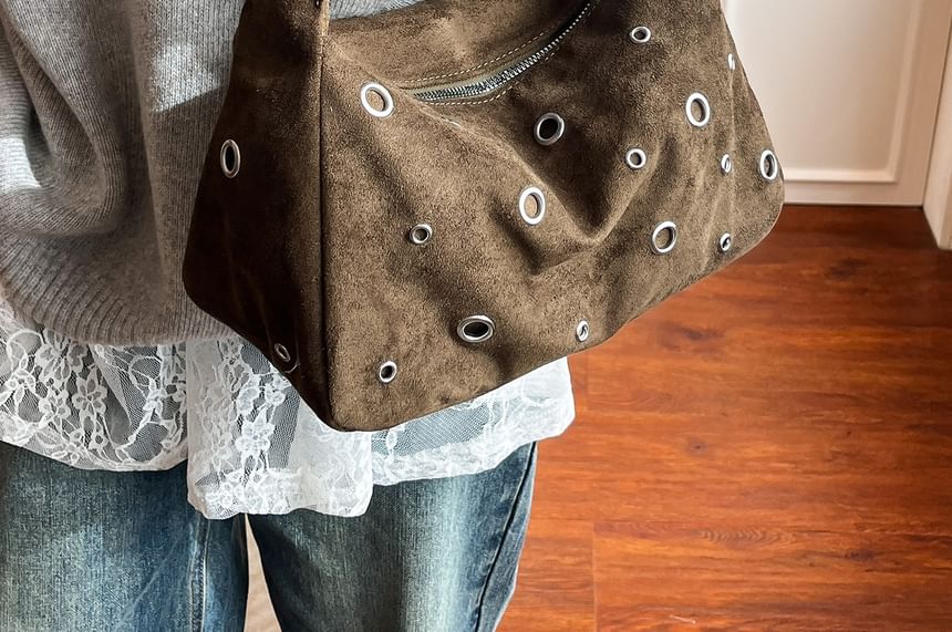 Grommet Faux Suede Shoulder Bag