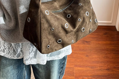Grommet Faux Suede Shoulder Bag