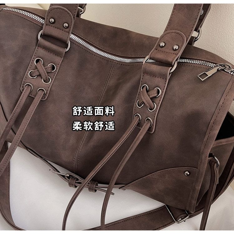 Lace Up Buckled Panel Shoulder Bag