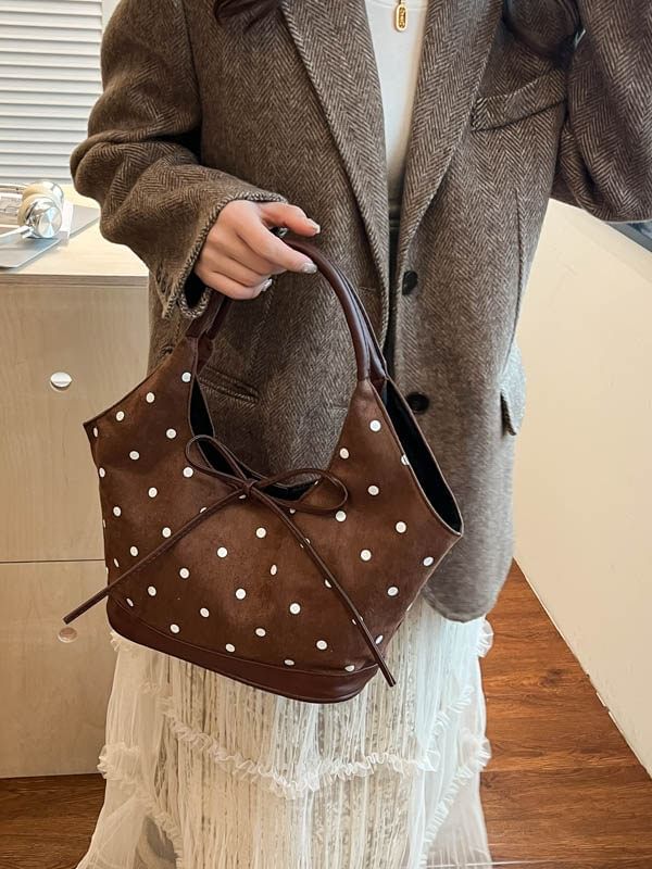 Faux Suede Polka Dot Print Shoulder Bag