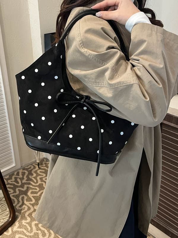 Faux Suede Polka Dot Print Shoulder Bag