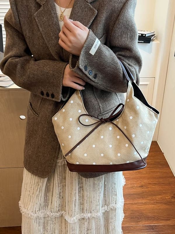 Faux Suede Polka Dot Print Shoulder Bag