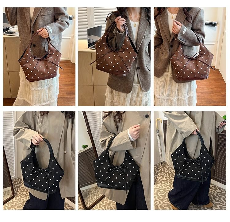 Faux Suede Polka Dot Print Shoulder Bag