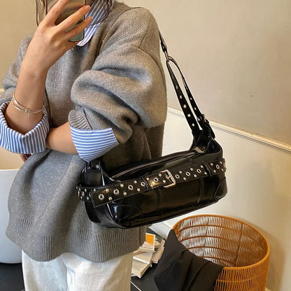 Grommet Belted Patent Leather Shoulder Bag