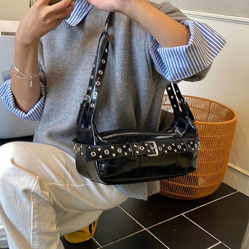 Grommet Belted Patent Leather Shoulder Bag