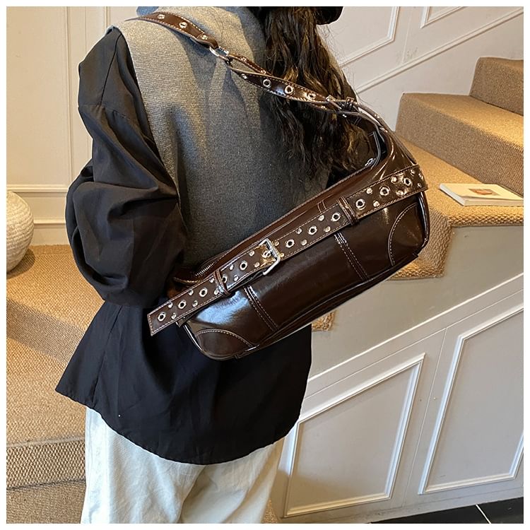 Grommet Belted Patent Leather Shoulder Bag