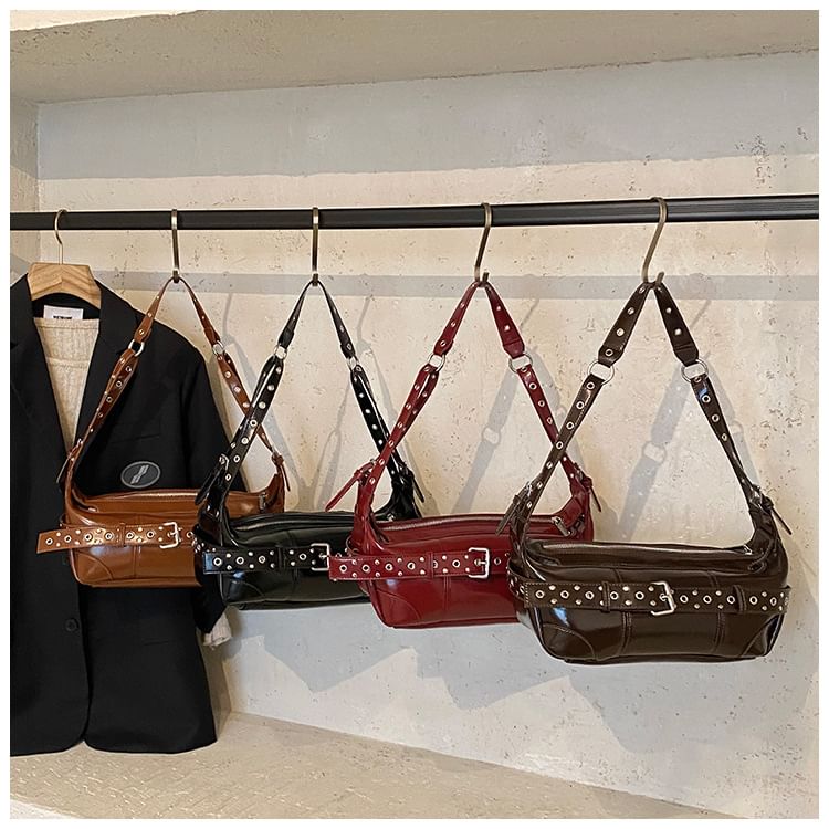 Grommet Belted Patent Leather Shoulder Bag