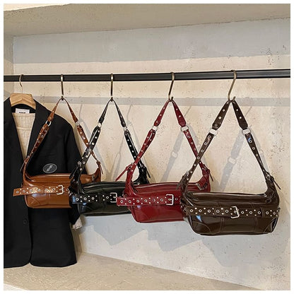 Grommet Belted Patent Leather Shoulder Bag