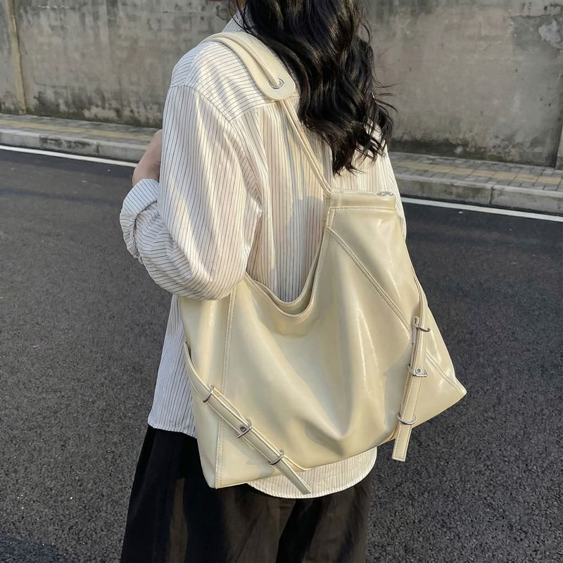Buckled Panel Faux Leather Tote Bag