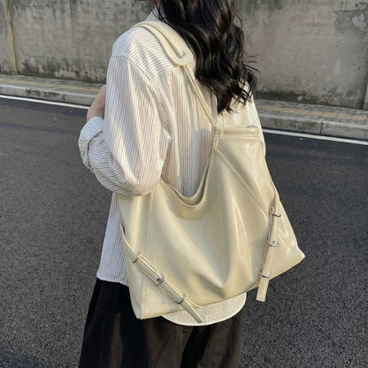 Buckled Panel Faux Leather Tote Bag