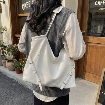 Buckled Panel Faux Leather Tote Bag