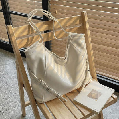 Buckled Panel Faux Leather Tote Bag