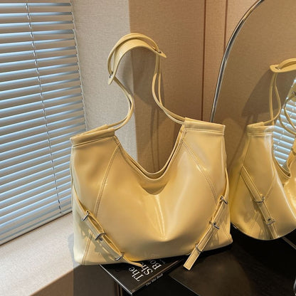 Buckled Panel Faux Leather Tote Bag