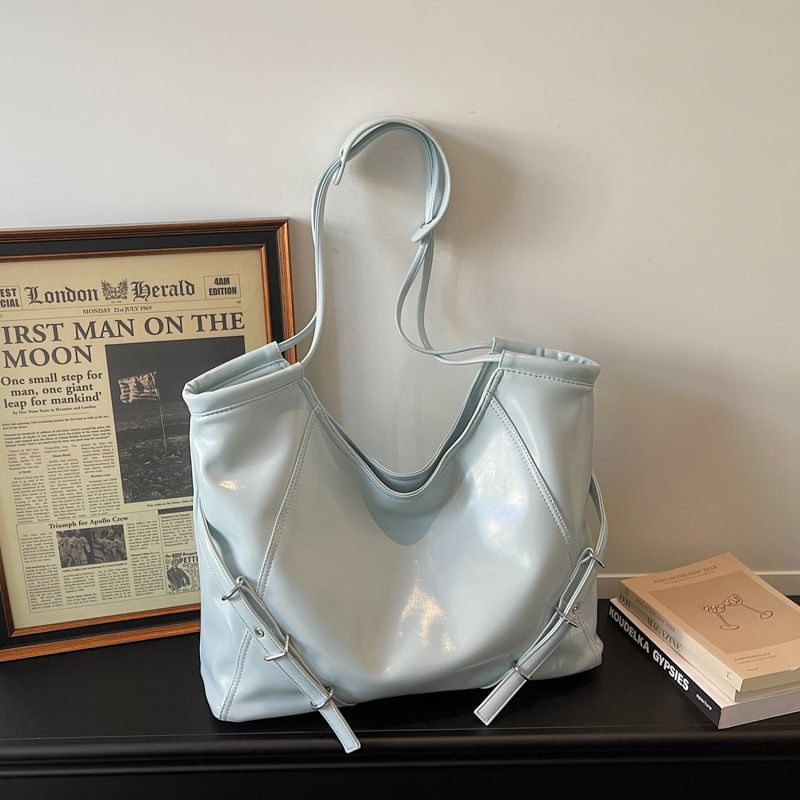 Buckled Panel Faux Leather Tote Bag