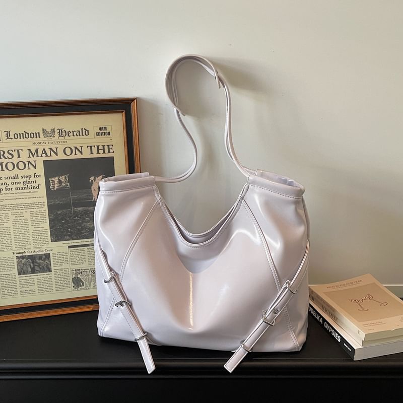 Buckled Panel Faux Leather Tote Bag