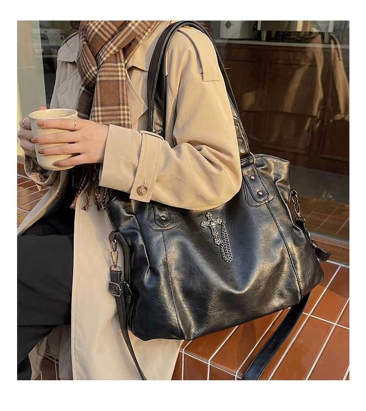 Cross Studded Crossbody Tote Bag
