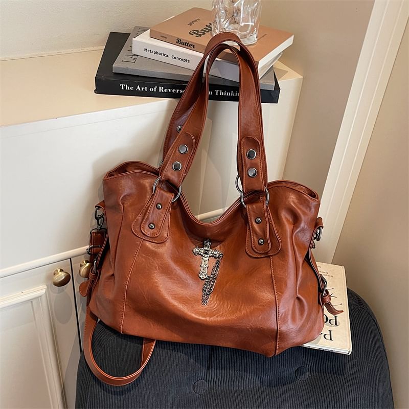 Cross Studded Crossbody Tote Bag