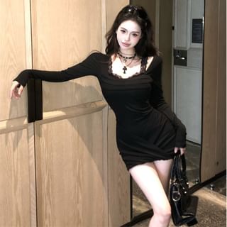 Long-Sleeve Cold Shoulder Mock Two-Piece Plain Lace Panel Ruched Mini Bodycon Dress