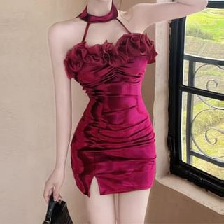 Halter Neck Plain Velvet Ruffle Trim Bodycon Mini Dress
