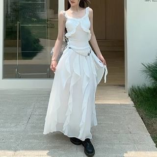 Schlankes Midi-/Taillen-A-Linien-Tanktop mit elastischem Oberteil, asymmetrischer Besatz, Rockpassform, schlichte Rüschen