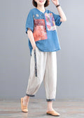 Oversized Print Sommer Set Piece Leinen See Zwei Blau