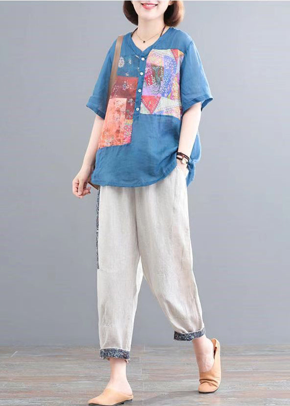 オーバーサイズプリントのサマーセットピース リネン レイク ツー ブルー