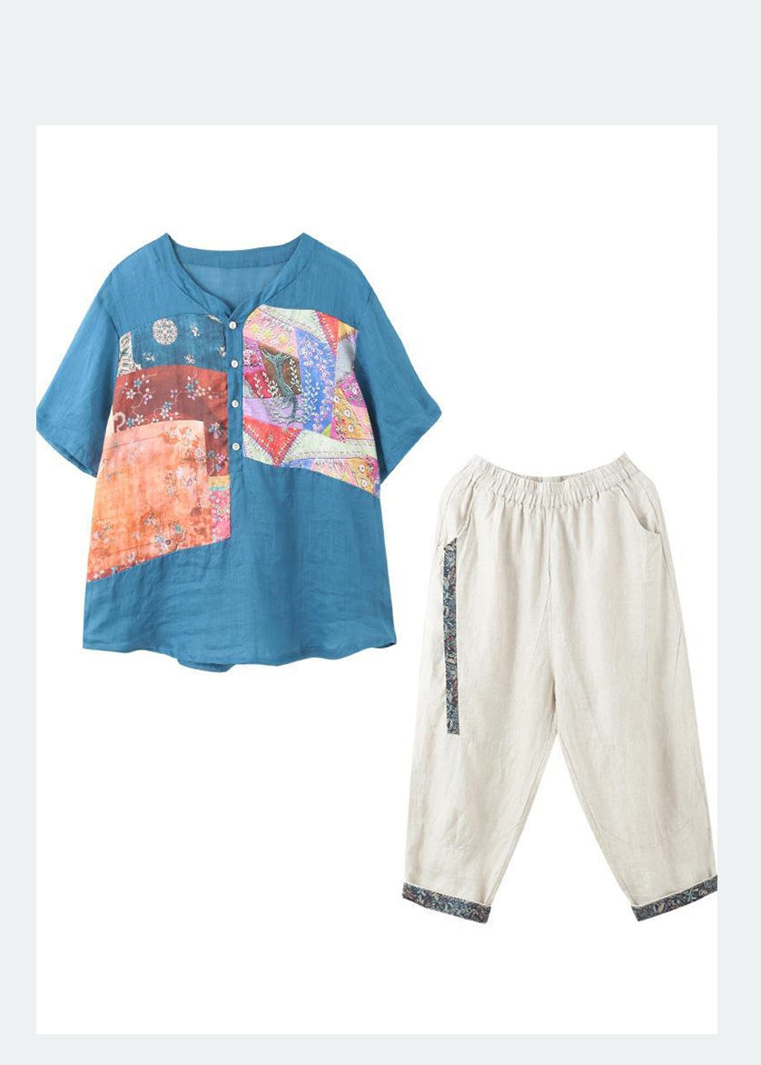 Oversized Print Sommer Set Piece Leinen See Zwei Blau