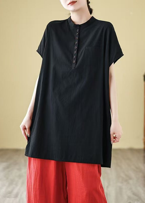 Tシャツ ボタン ブラック ネック ルーズ コットン O サマー