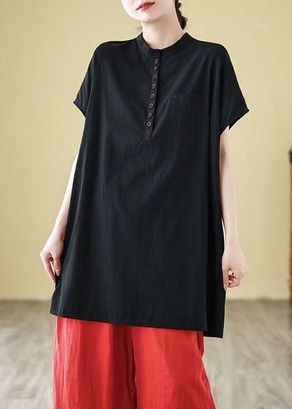 Tシャツ ボタン ブラック ネック ルーズ コットン O サマー