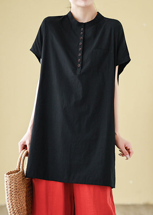 Tシャツ ボタン ブラック ネック ルーズ コットン O サマー