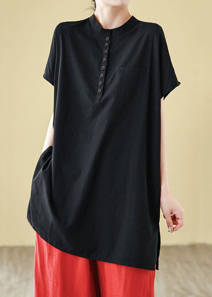Tシャツ ボタン ブラック ネック ルーズ コットン O サマー